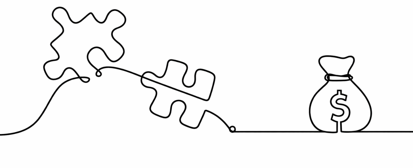 Minimal line illustration showing puzzle pieces leading to a dollar symbol, representing access to money and cash flow.