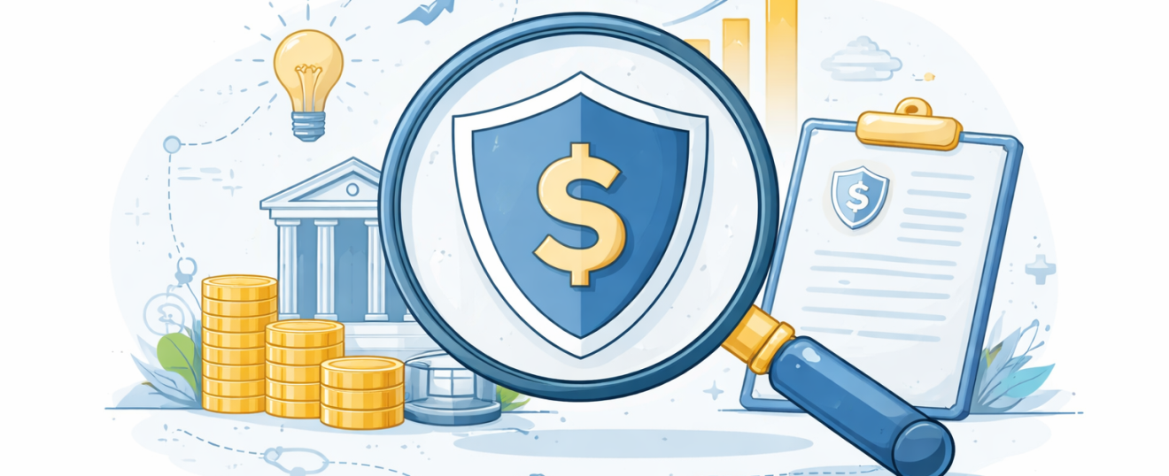 Illustration of a magnifying glass over a shield with a dollar symbol, representing financial protection and cash-flow strategy.